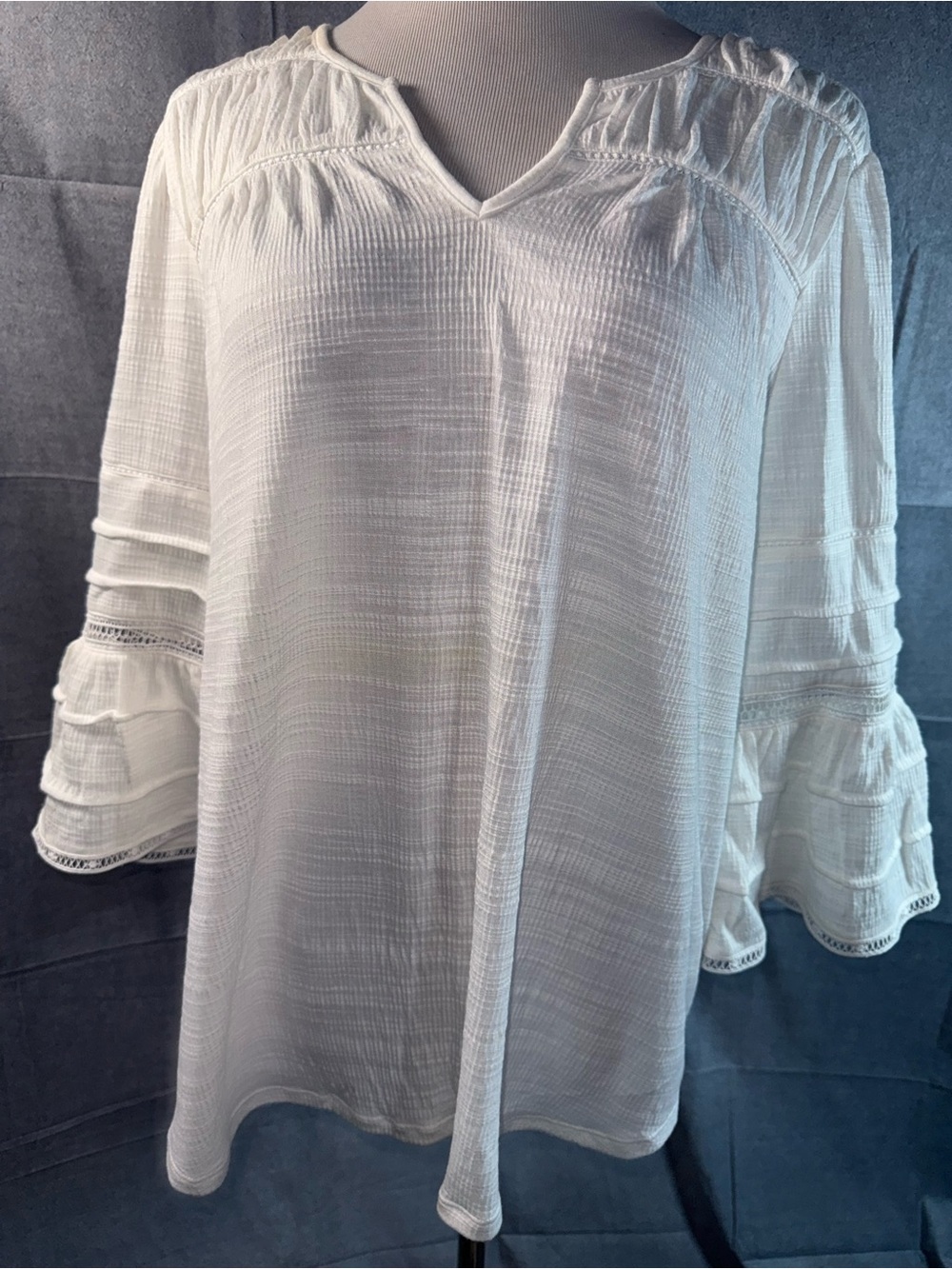 2228-Ruby Rd. White Gauze V-Neck Peasant Tunic